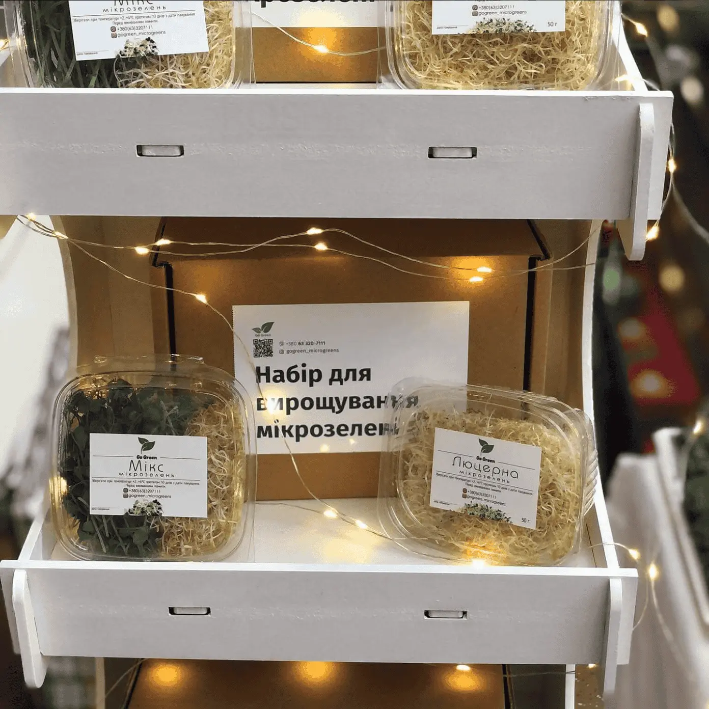 A box of microgreens for sell, while at a fair fest, with a set of growing microgreens in front, the label is designed by me