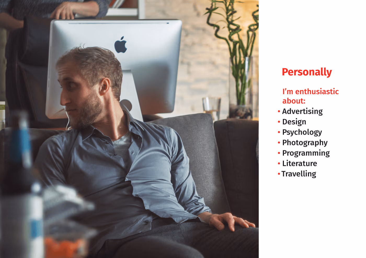 Me, Basil Skrnk, in the office. An iMac 27" on the background, with my workmate Eugene. A bamboo stands near the iMac, and a beer bottle is on the foreground. We had a Saturday party with some snacks, beverages, and cool stories we shared with each other.